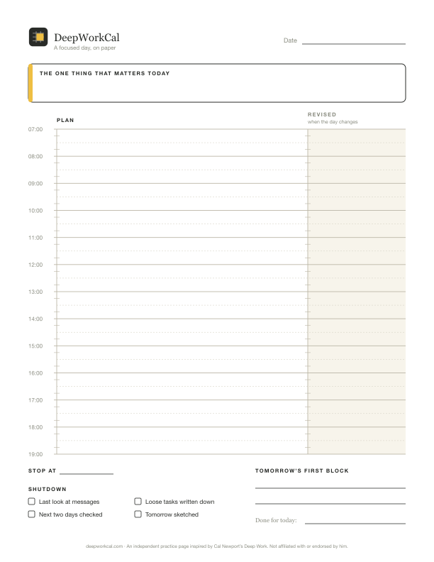 Preview of the blank page: a title box, a ruler from 7:00 to 19:00 with Plan and Revised columns, and a shutdown checklist